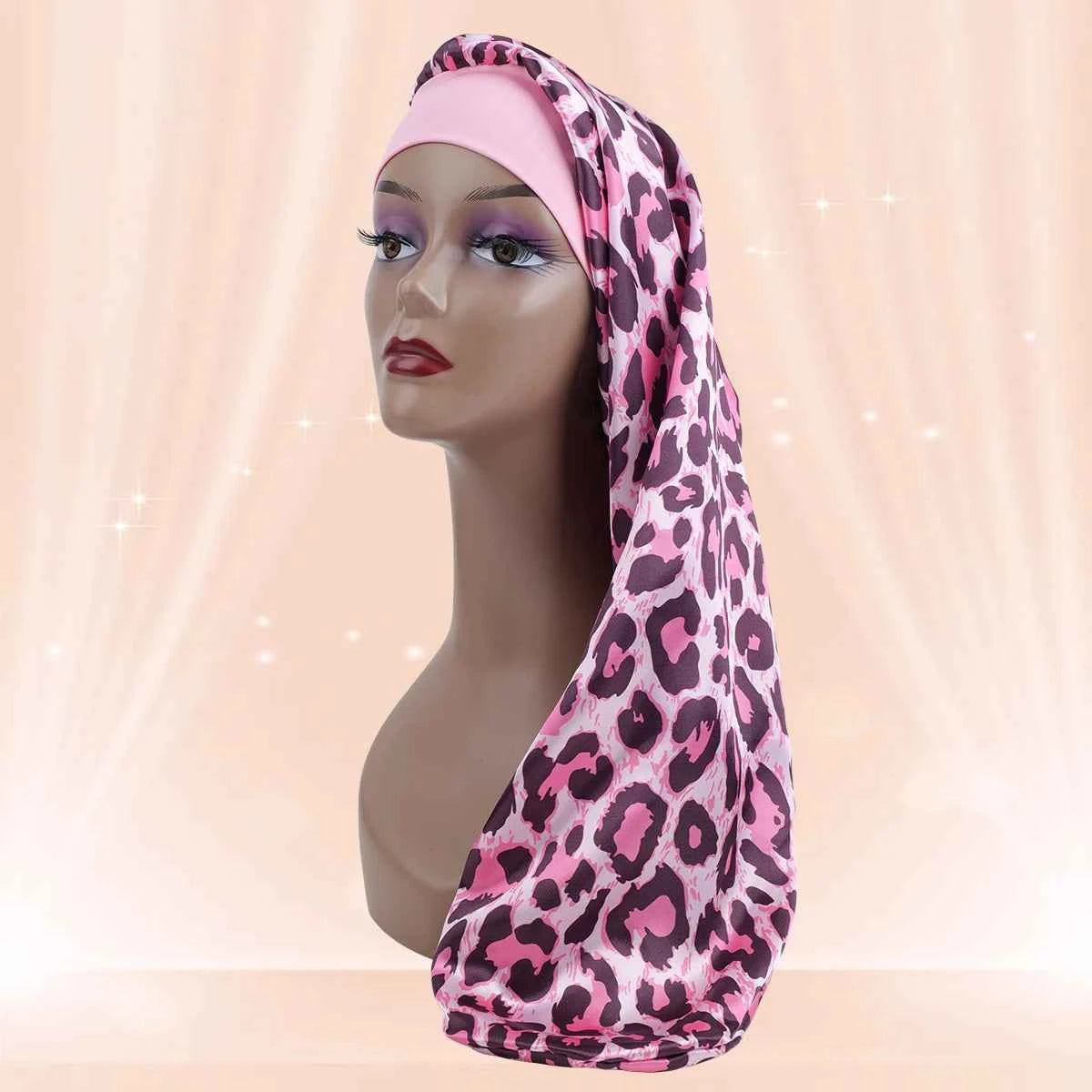 Women's Long Round Tail Bonnet-Silk Sleep Bonnet with Wide Elastic Edge-Hair Protector for Curly & Straight Hair-Leopard Print