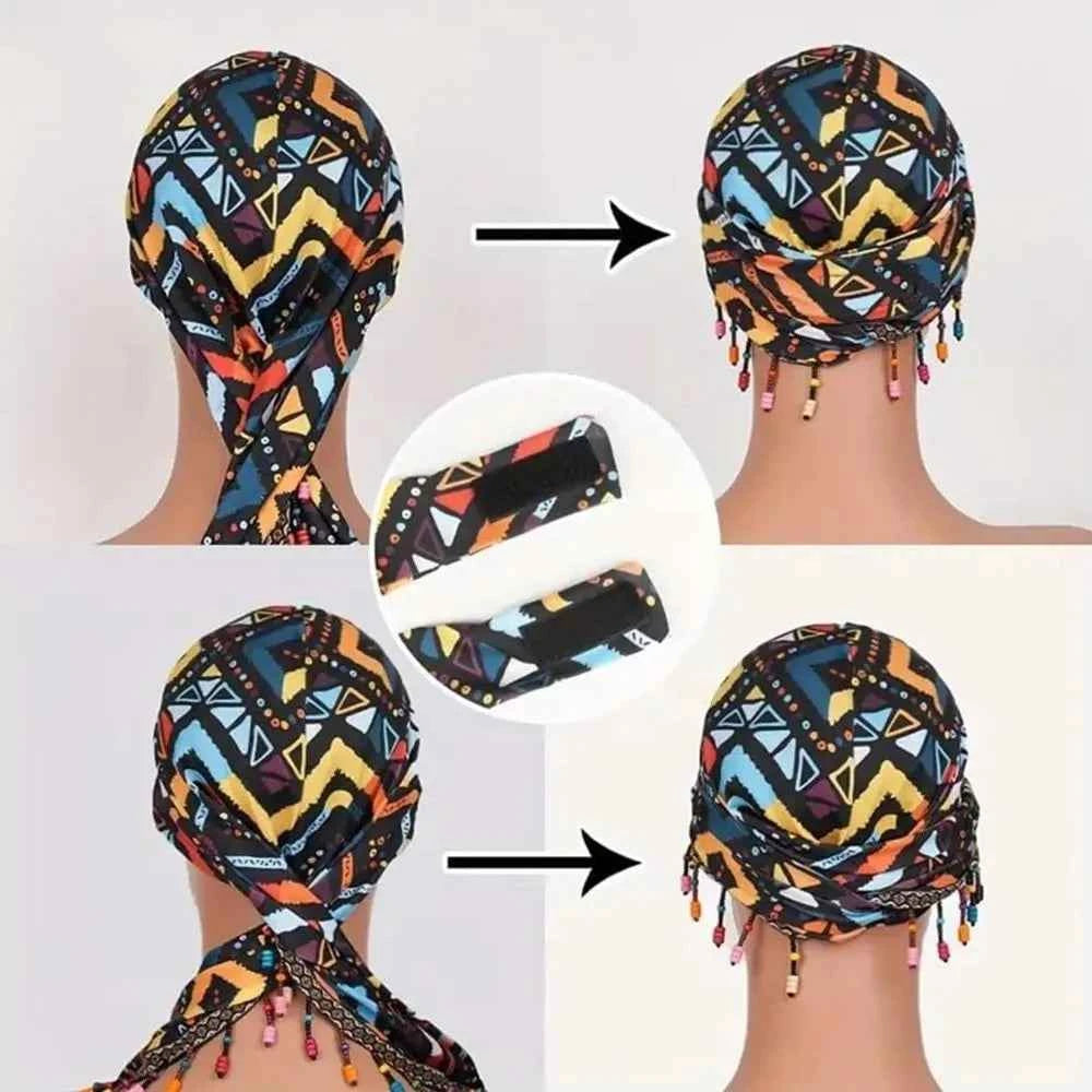 Bonnet Hat Elastic Colorful Beaded Headscarf Breathable Hijab Pre-tie Head Wraps Dome Indian Style Jacquard Pullover Cap Gifts
