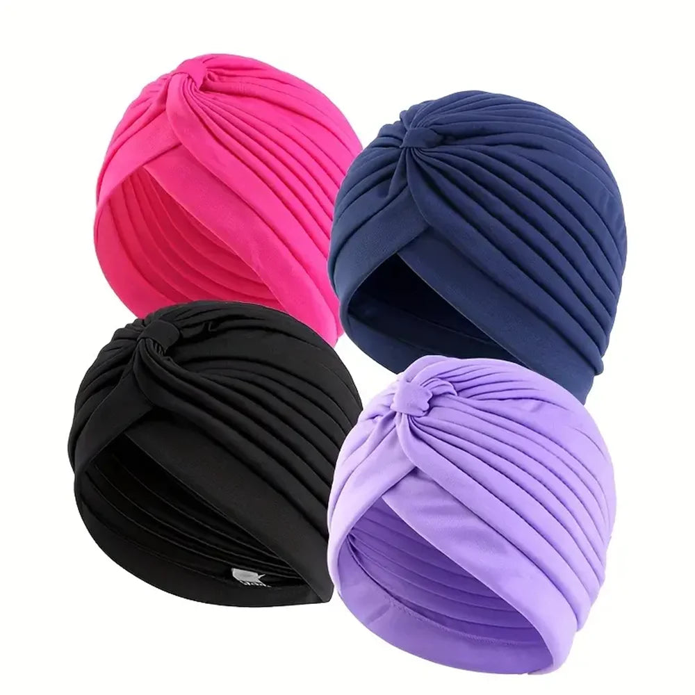 4pcs/set Solid Color Turban Cap Elastic Bonnet Head Scarf Women Chemo Hats Casual Pleated Head Wrap - NamafadStore