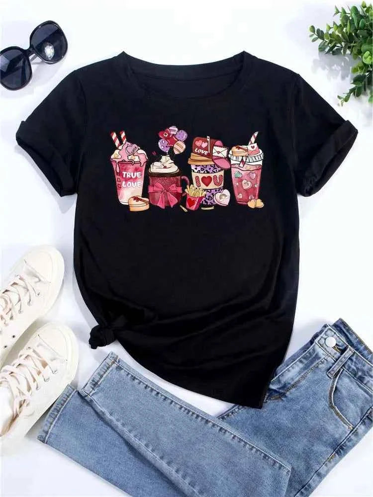 Maycaur Women's Oversized T-shirt Tee Korean Fashion Coffee Cup Print Graphic Female Clothes Valentine's Day Tops Lover T Shirts