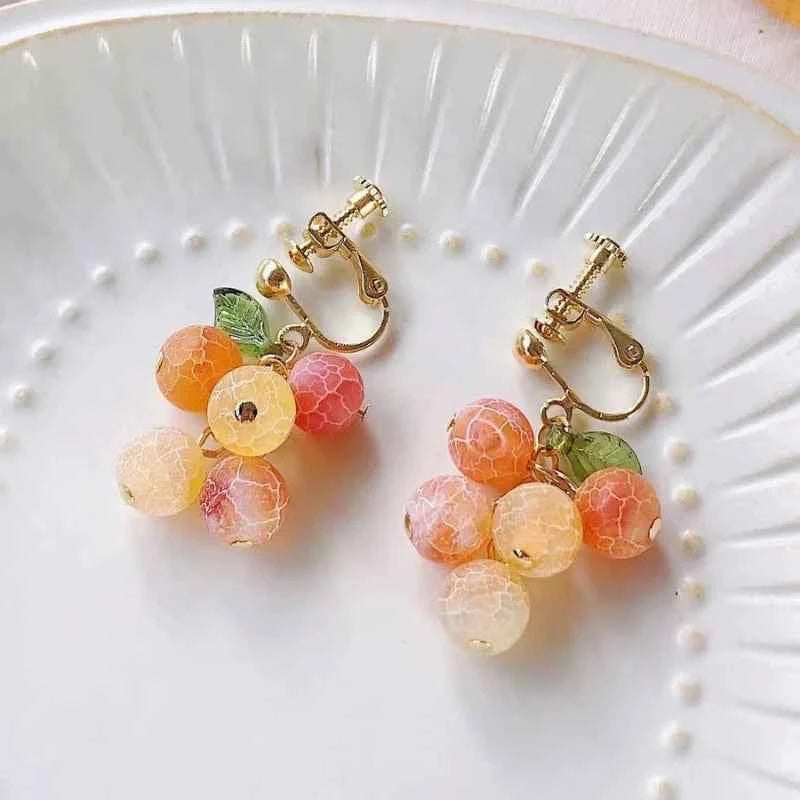 Non Pierced Ear Clips Japanese Green Grape Earrings Small Cute Transparent Fruit Cherry Clip on Earrings for Female Party Gifts