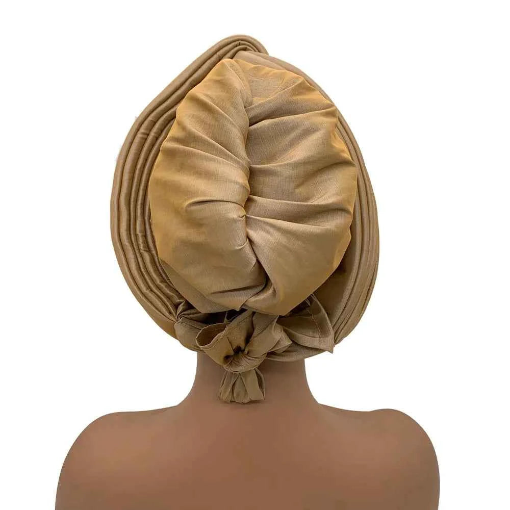 Nigeria Raw Silk Autogele Headtie Wedding Party Headwear Turbante African Lady Head Wraps Knoted Turban Cap for Women