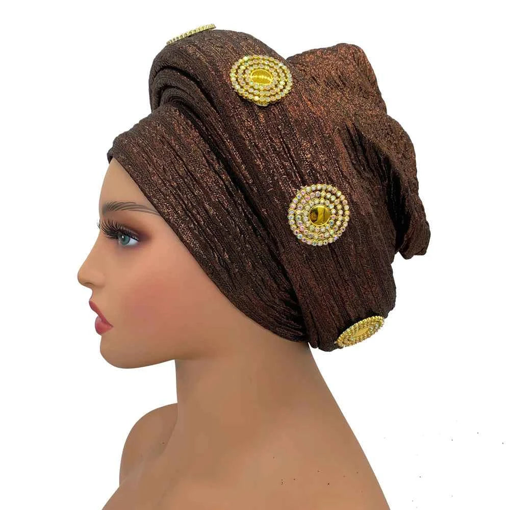Already Made African Headtie Glitter Diamonds Women's Turban Cap Female Head Wraps Nigeria Wedding Auto Geles Party Headwear Hat
