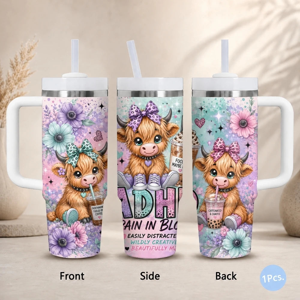 Highland Cow 40oz Tumbler – Stainless Steel Insulated Travel Cup with Straw