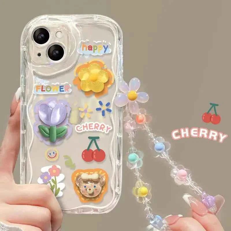 3D Cartoon Cute Flower Case For iPhone 16 15 14 Plus 13 12 Mini 11 Pro XR XS Max cover With Wrist Chain