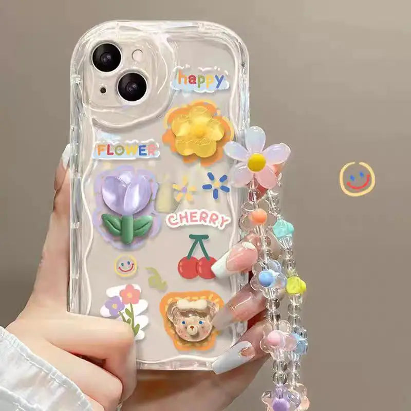 3D Cartoon Cute Flower Case For iPhone 16 15 14 Plus 13 12 Mini 11 Pro XR XS Max cover With Wrist Chain