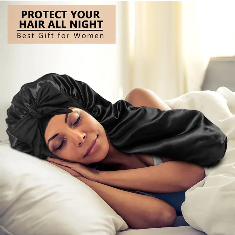 Women long Oversized Elastic Satin Bonnet Sleeping Cap With Ribbon Breathable Sleeping Cap Turban Sleep Headwear Bandanas