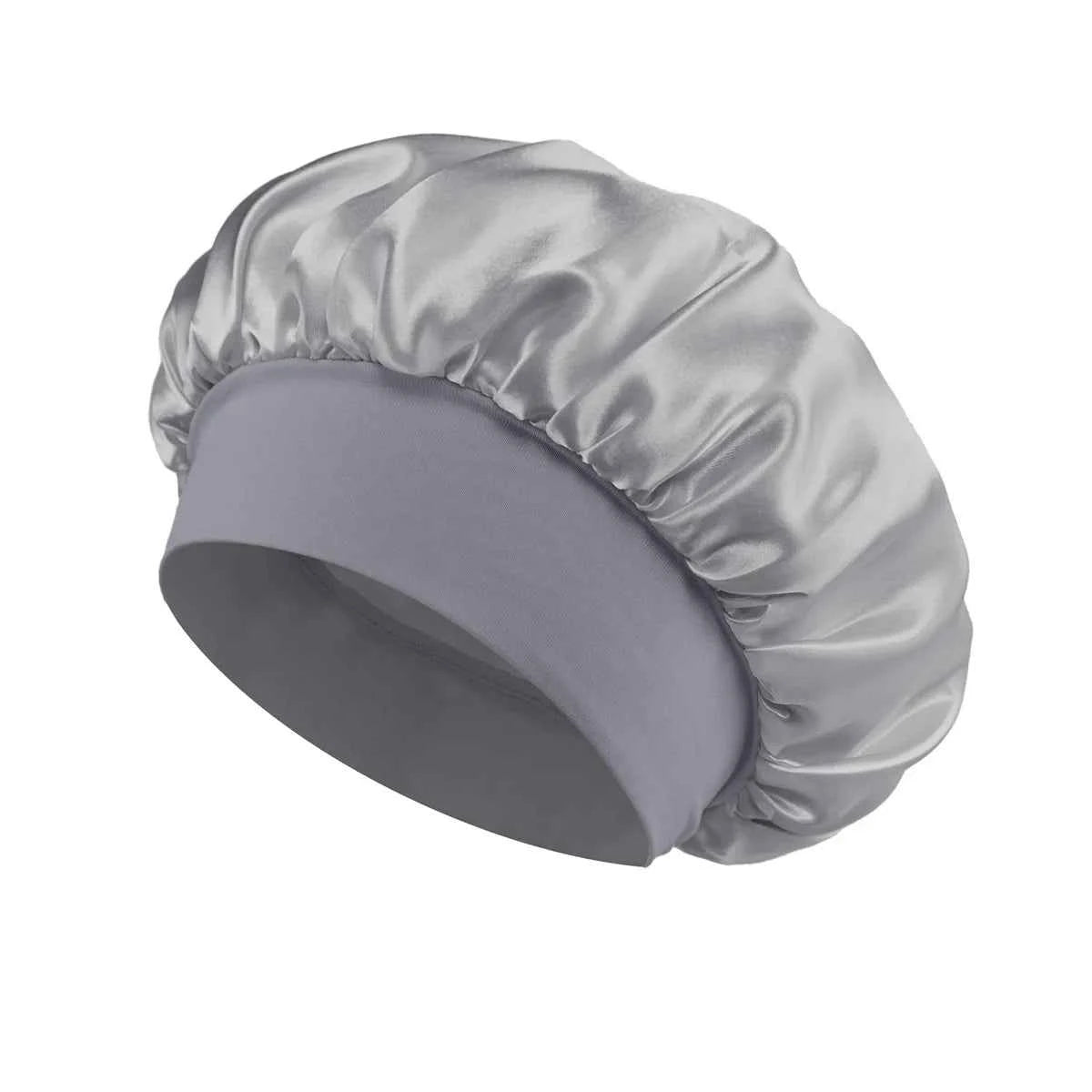 1PC Women's Satin Solid Bonnets Wide-brimmed Night Sleeping Bathing Hat Unisex Head Wrap Elastic Band Cap Hair Care Bonnet.