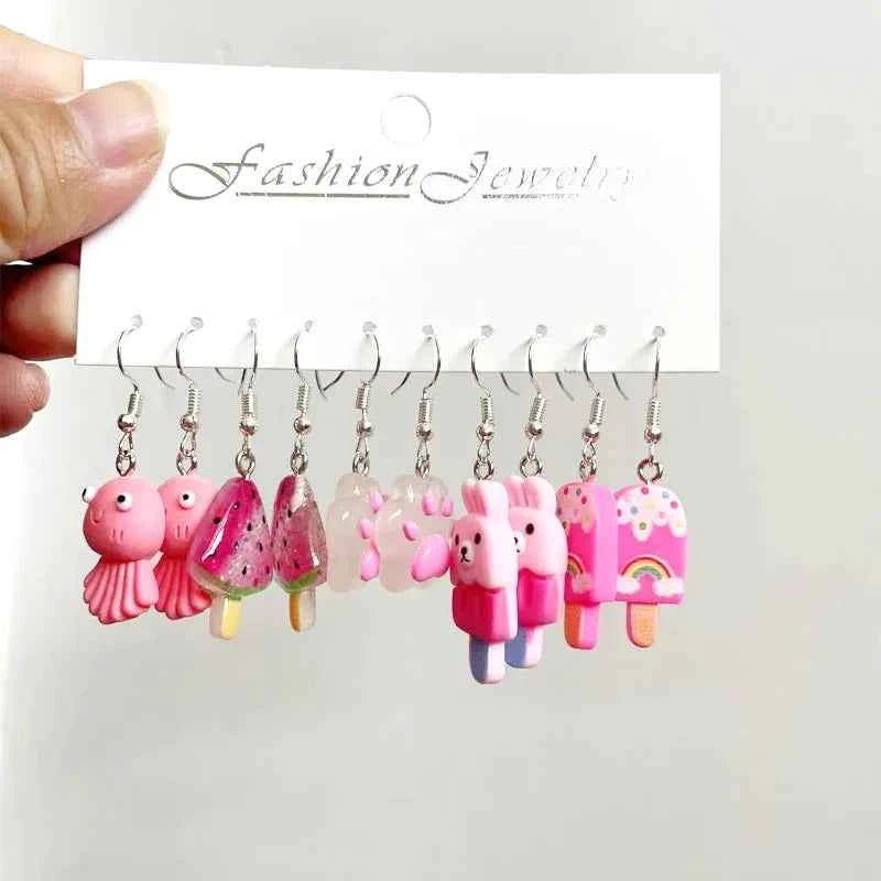 5 Pair Set Small Fresh Colored Resin Pendant Earrings Art Sweet and Cute Fruit Animal Milk Tea Earrings Female
