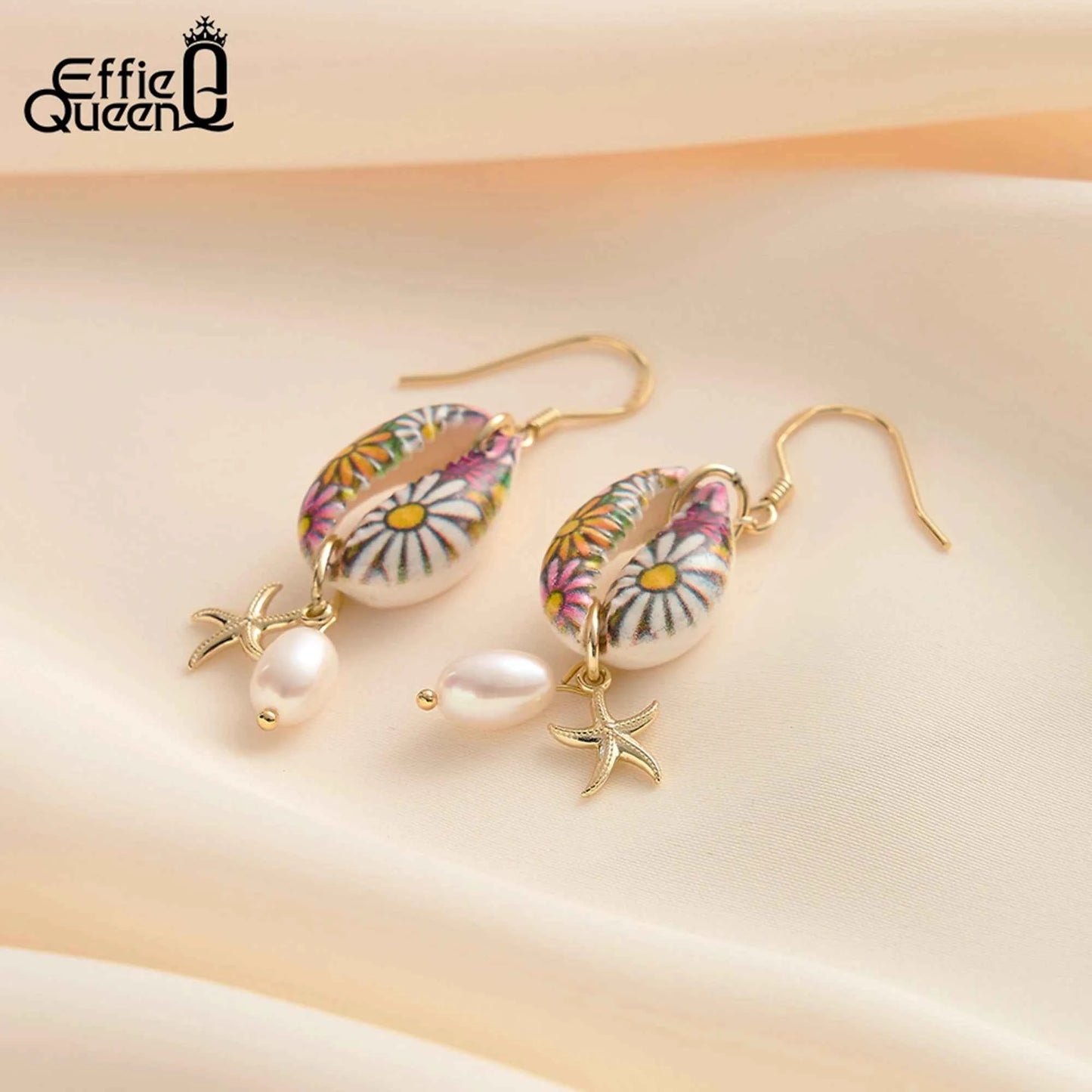 Effie Queen Natural Freshwater Pearls With Starfish Style & Floral Pattern Ornament 925 Sterling Silver Dangle Earrings GPE117