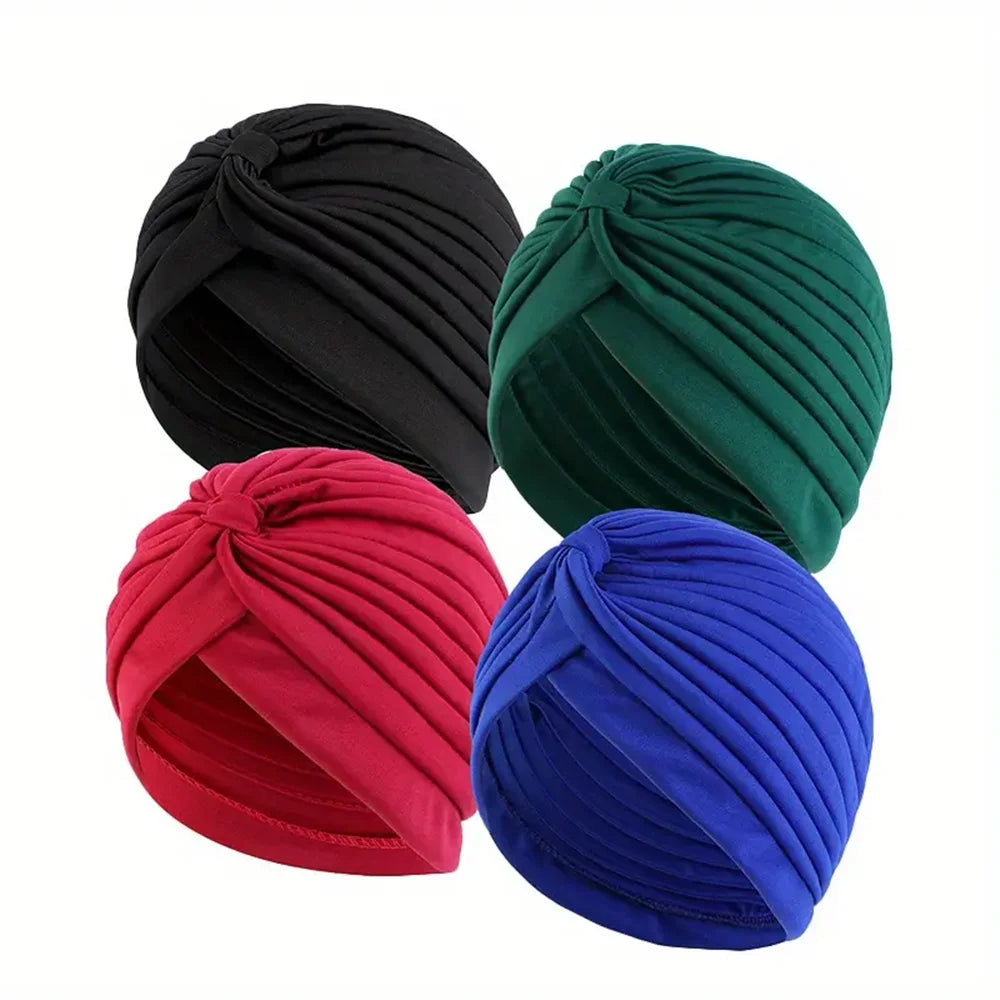 4pcs/set Solid Color Turban Cap Elastic Bonnet Head Scarf Women Chemo Hats Casual Pleated Head Wrap - NamafadStore