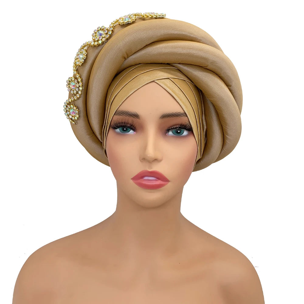Twisted Braid Turban Cap for Women African Lady Head Wraps Diamonds Nigeria Raw Silk Autogele Headtie Muslim Hat Party Headwear - NamafadStore
