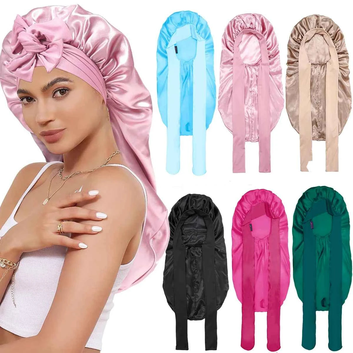 1Pcs Soft Silky Long Satin Bonnet For Natural Hair And Curly Hair Extra Large Size Hair Cap With Tie For Comfortable Night Sleep