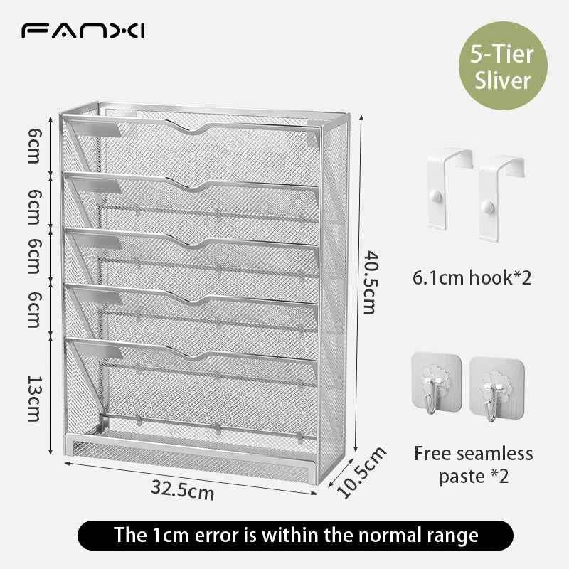 5 Pocket Mesh Hanging Wall File Organizer, Wall Mounted Mail Paper Document Folder Holder,Magazine Rack for Office Home School.