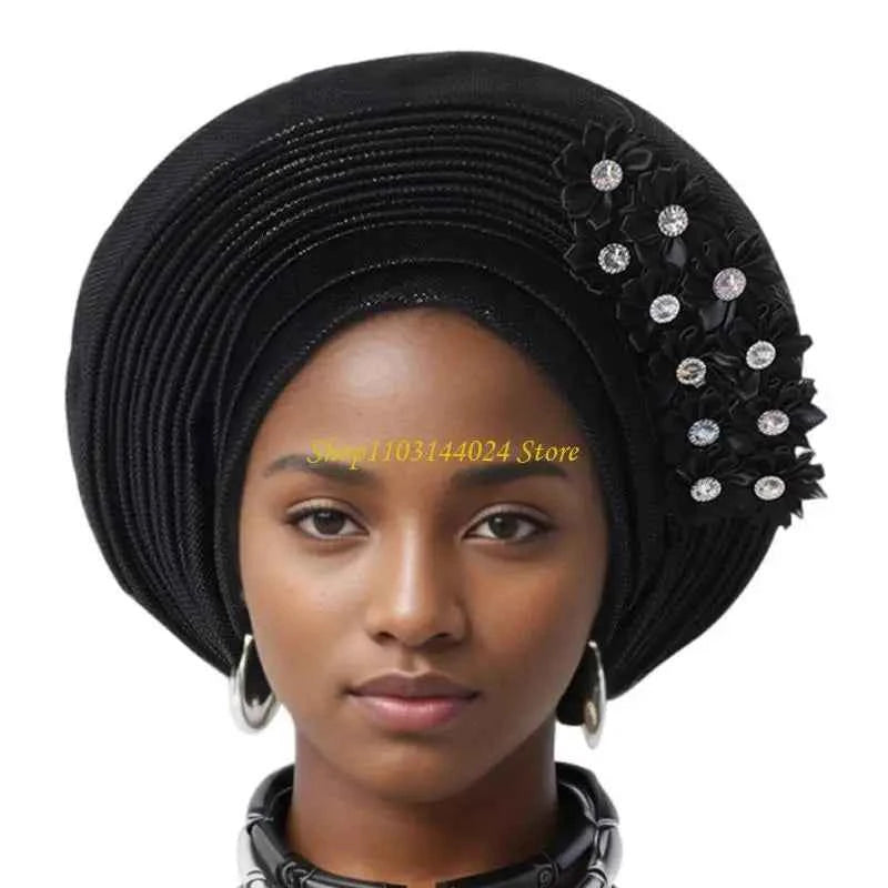 N5KE Flower Turban Hat African Headwrap Hat Formal Event Wedding Multilayer Turban