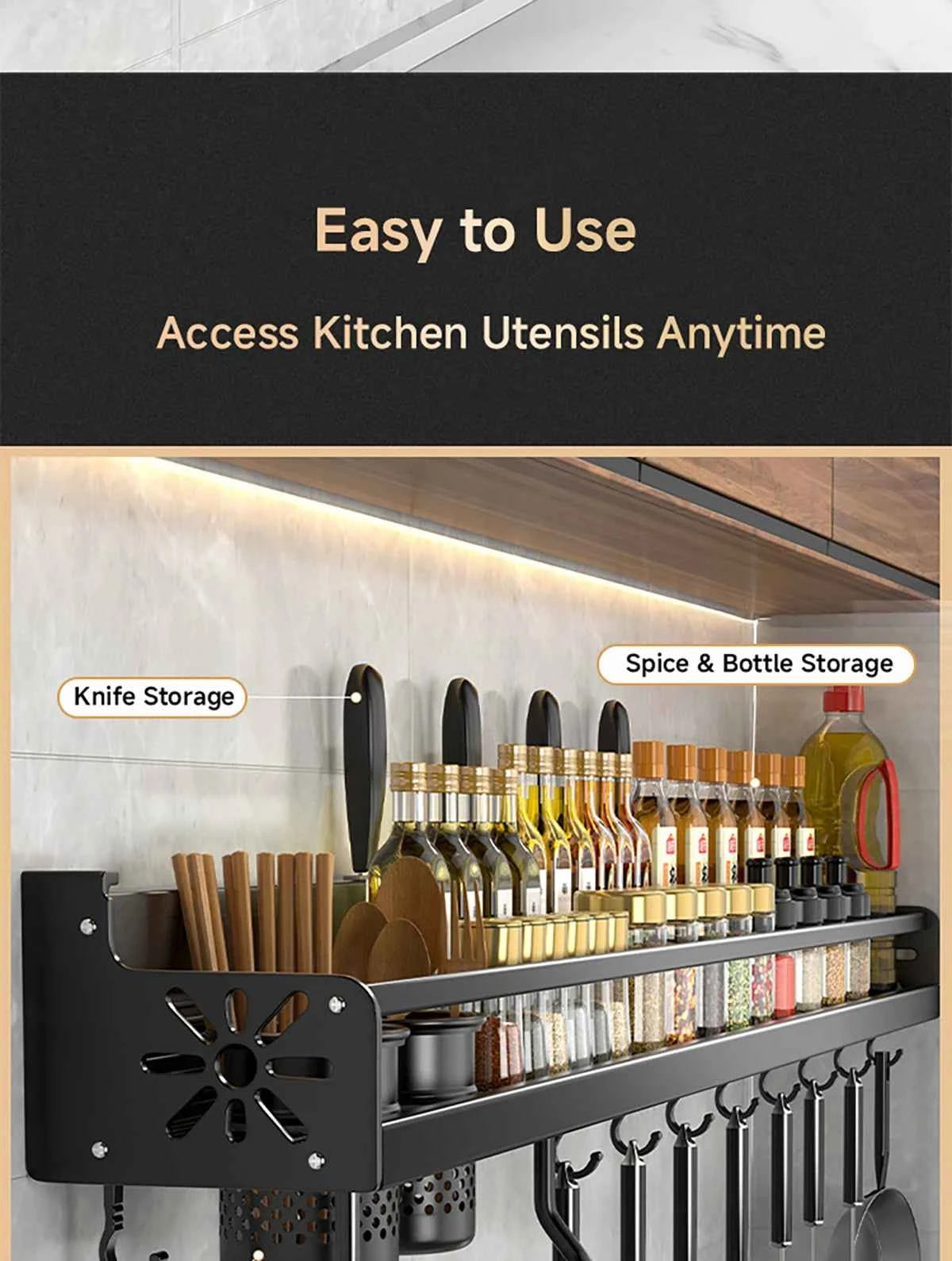 Metal Kitchen Shelf No-Punch Large Capacity Storage Kitchen Utensils Skeletonized Drainage Design Easy to Clean Black