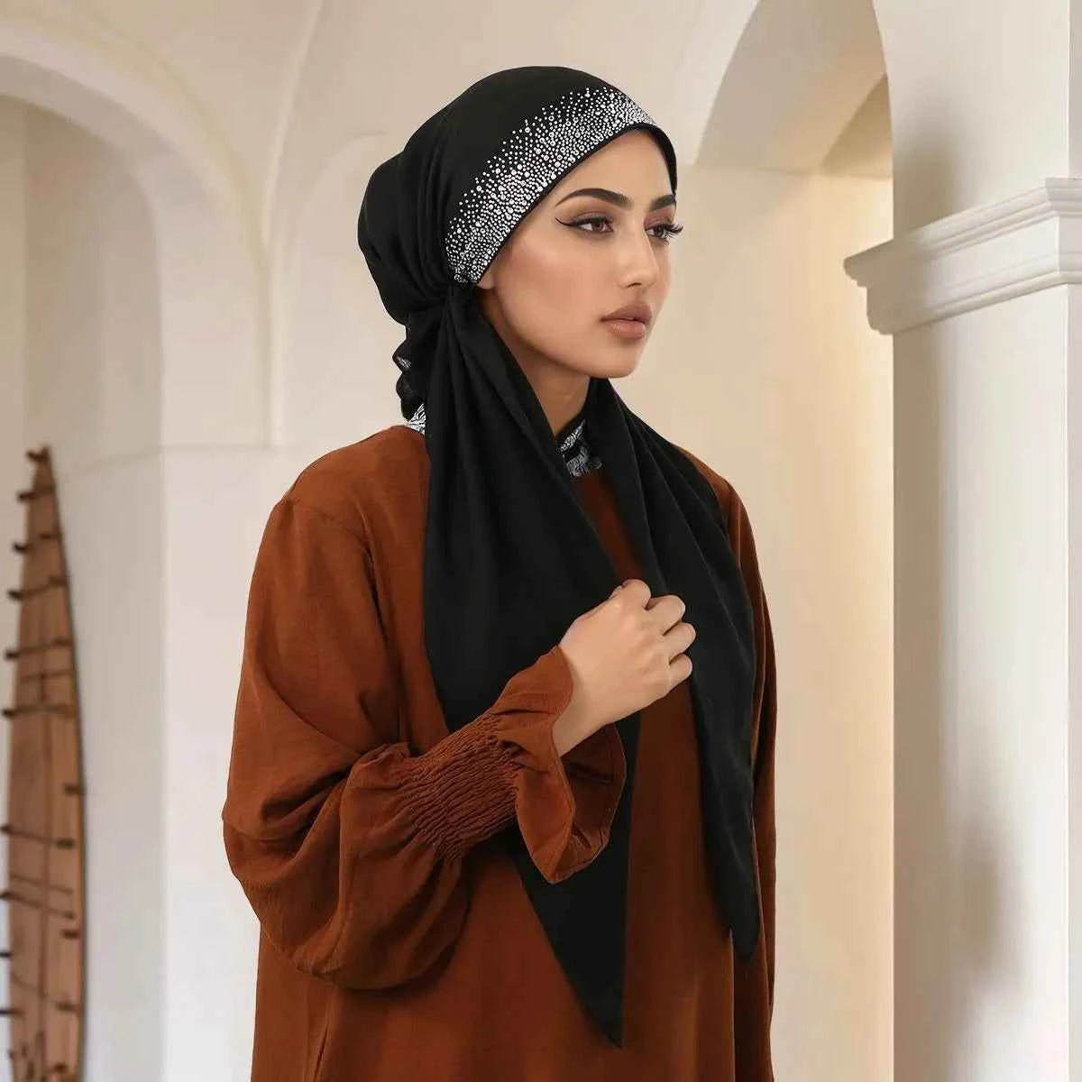 Fashion Diamond Cotton Elastic Headband Cap For Woman Muslim Hijab Hat Lady Fashion Instant Scarf Islamic Turban