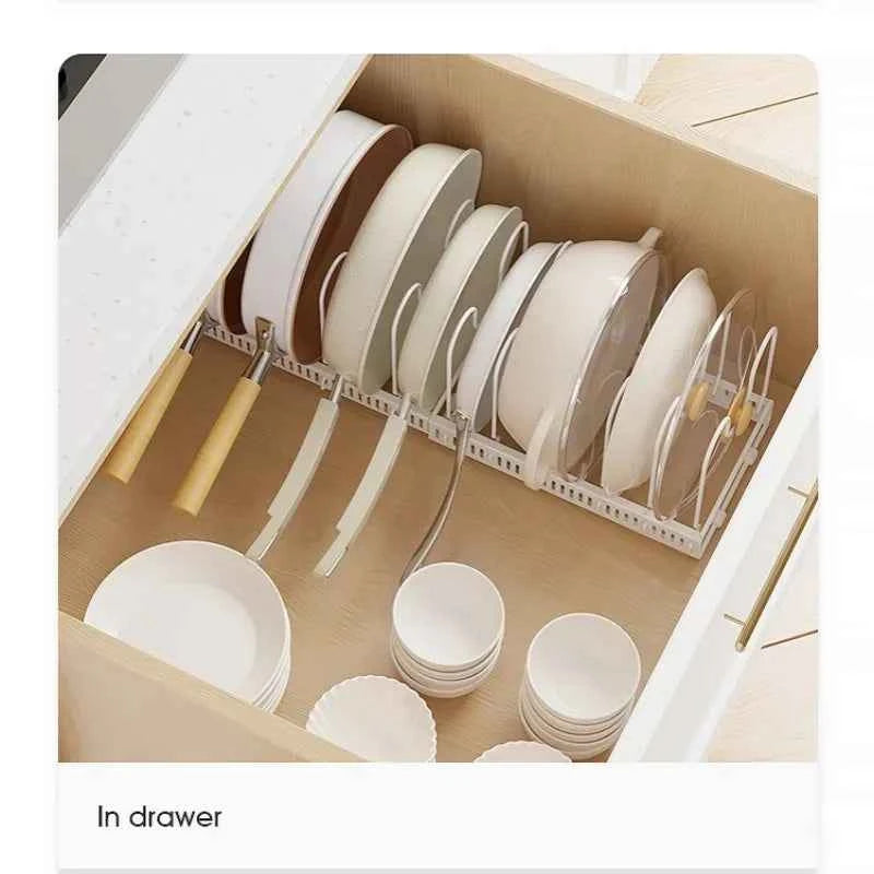 Pot Rack Bowl and Plate Storage Rack Multi-layer Retractable Adjustable Carbon Steel Pan Dish Drying Cookware Rack Kitchen Tools