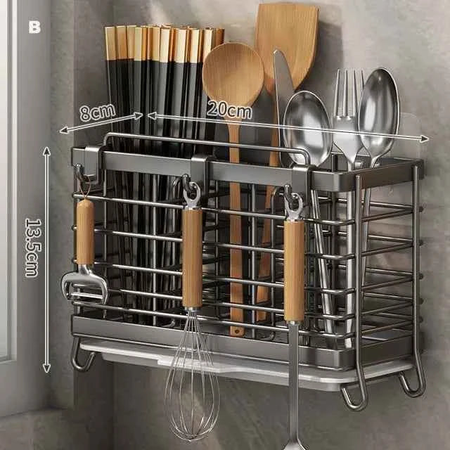 Cutlery Organizer Kitchen Storage Rack Wall Mounted Knife, Fork, Spoon Chopstick Rack with Drainage Tray Kitchen Utensil Cage