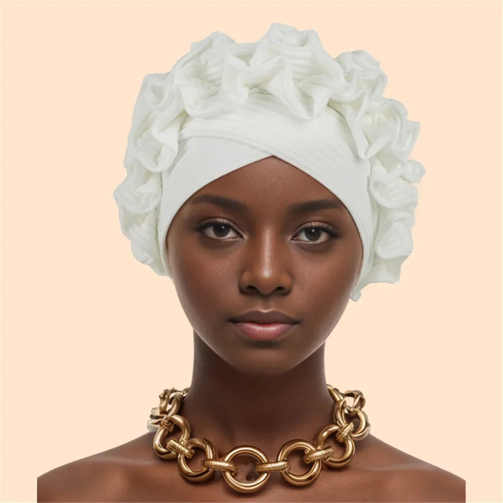 Ruffled Turban Cap Women's Head Wraps Soft Comfortable Headscarf Bonnet Lady Soild Color Headgear - NamafadStore