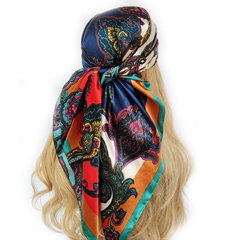 New 90*90cm Retro Brand Women Silk Scarf Bandanna Fashion Bohemian Pattern Square Hijab Lady Wrap Headband foulard muffler