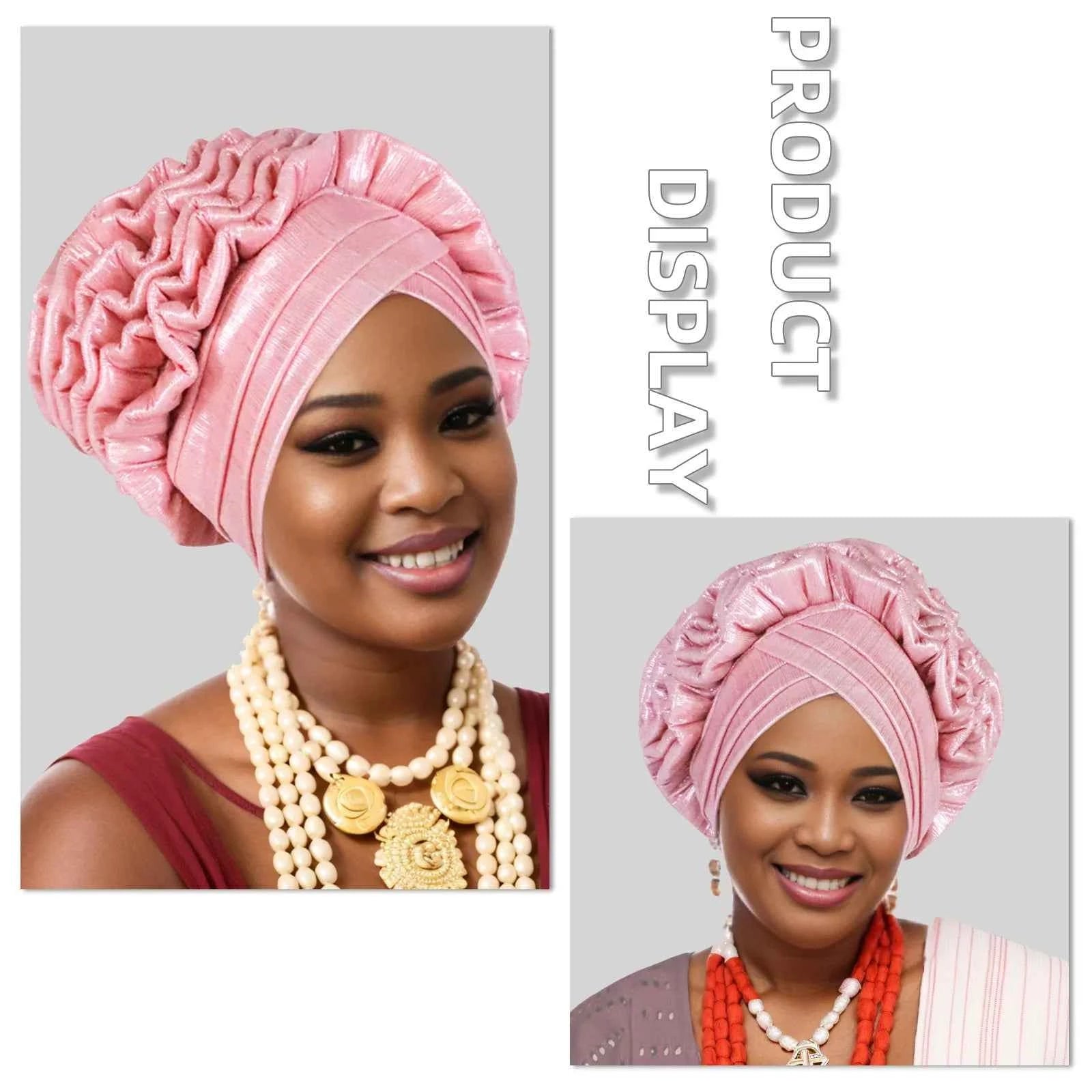 New Fashion African Auto Gele Headties Muslim Glitter Ruffled Turban Hijab Bonnet Nigerian Wedding Festival Baotou Hat for Woman