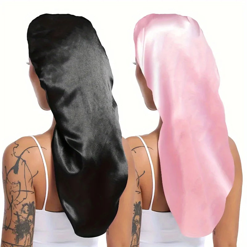 2pc Long Silky Sleep Bonnet For Straight Curly Hair, Extra Large Hair Bonnets For Dreadlock And Braids, Satin Sleeping Caps - NamafadStore