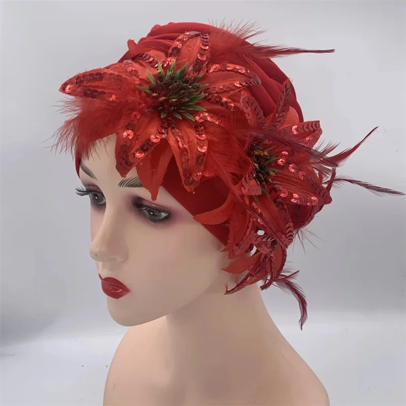 2024 New Feather Sequins Turban Caps for Women Wedding Party Headwear Hat African Headtie Muslim Headscarf Female Head Wraps - NamafadStore