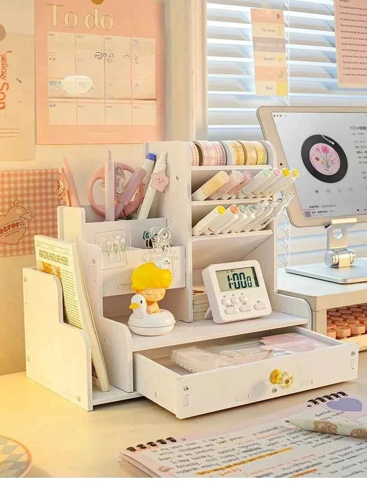 Mark Pen Pencil Holder Wooden Desk Organizers Shelves Accessories Desktop Stationery Organizer Bookshelf Home Office Storage Box