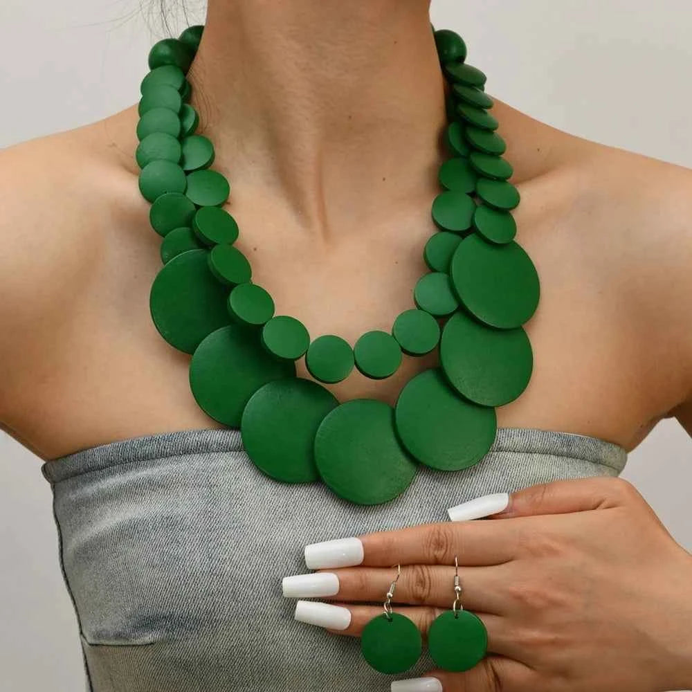African Jewelry Bohemian Colored Geometric Round Wooden Beads Handmade Bead Necklace And Earrings Women's Party Accessories