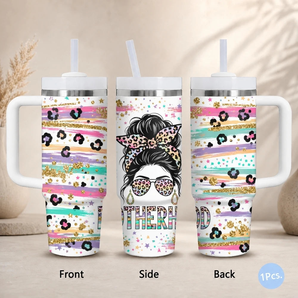 Mom Life 40oz Tumbler – Stainless Steel Insulated Travel Cup with Handle & Straw