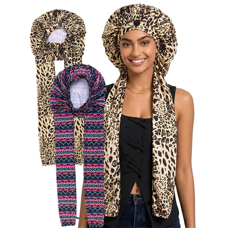 2-Piece Ice Silk Hair Bonnet & Head Wrap – Long Tube Sleep Caps