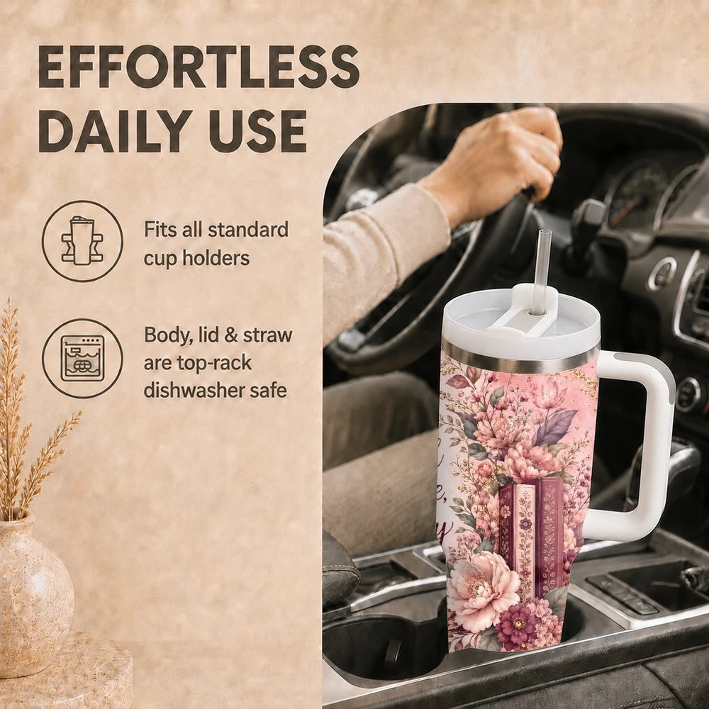 Floral & Book Lover 40oz Tumbler – Insulated Stainless Steel Cup with Straw