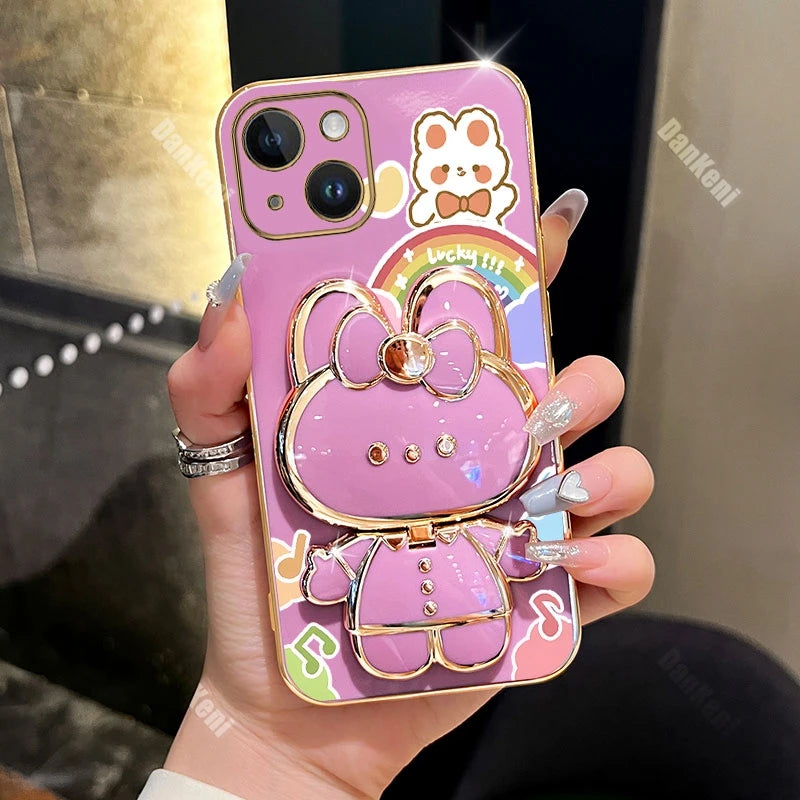 13 14 Lucky Rabbit Holder Bracelet Plating Phone Case For iPhone 13 14 12 15 Pro Max Mini 15 14 Plus XS XSMax XR X Cover