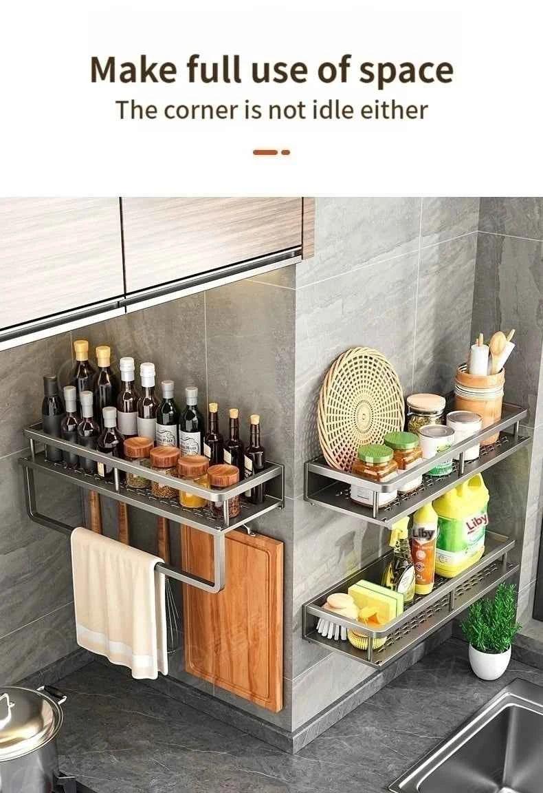 Aluminum Kitchen Shelf Wall Mounted Spice Organizer Rust and Moisture Resistant Bathroom Toiletries Storage Racks