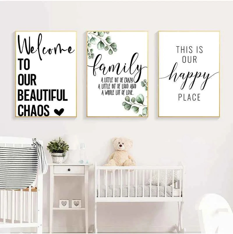 Family Simple Quote Picture Green Leaves Poster Black White Wall Art Canvas Painting Nordic Style Modern Print for Living Room