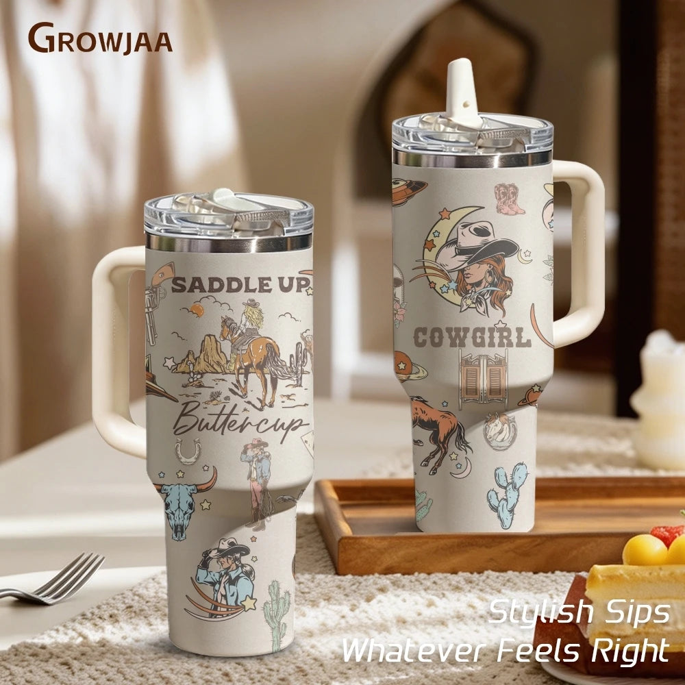 Western Cowgirl 40oz Tumbler – Insulated Stainless Steel Cup with Handle & Straw