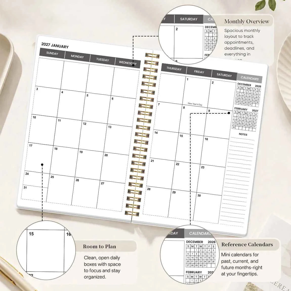2026-2028 Academic Planner Jul 2026-Jun 2028, A5 Monthly Planner with Notes Pages, Reference Calendars & Gold Coil