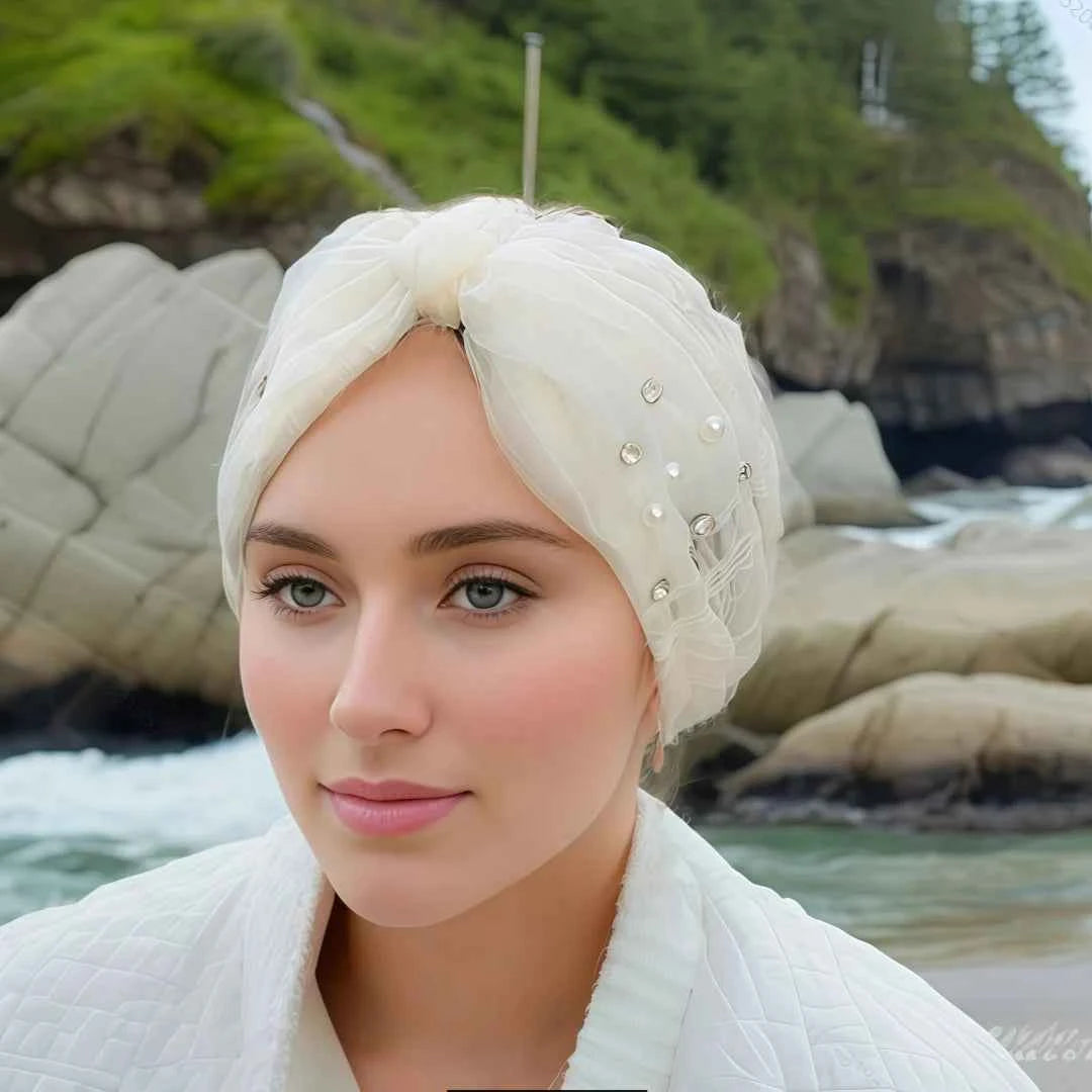 Indian Turban Hat for Women Rhinestone Stretch Headwarp Head Cover Bonnet Muslim Crysta Pleated Headscarf Hat