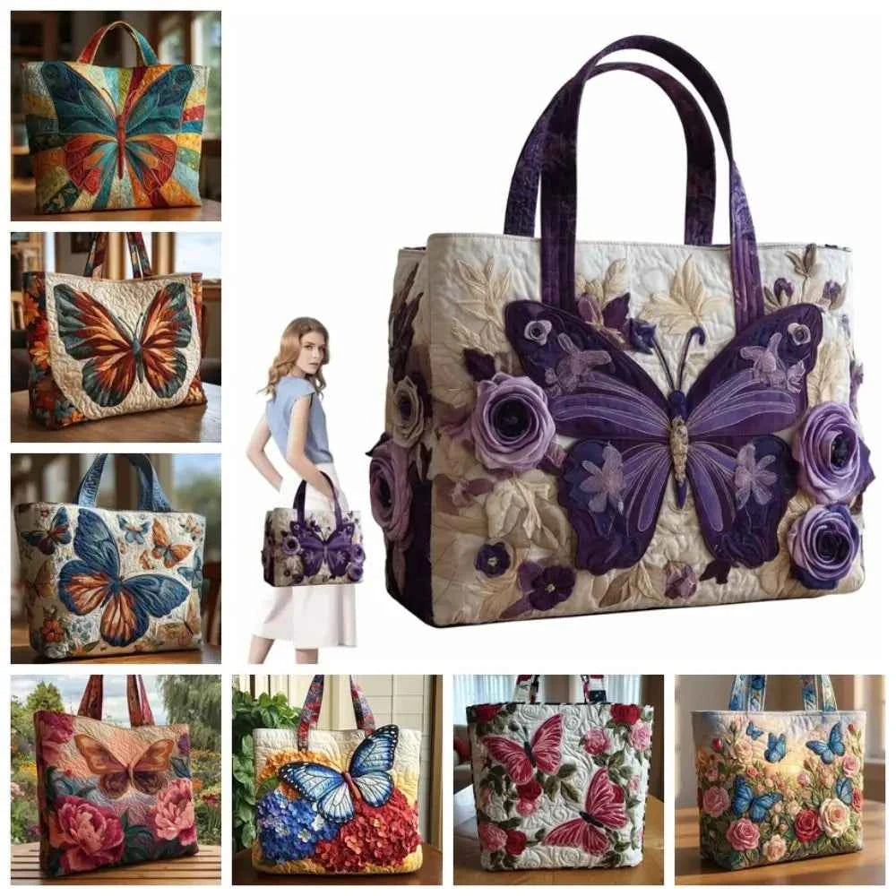Butterfly Patterns Women Quilted Tote Bag 3D Printed Patterns Lightweight Canvas Shoulder Bag Cotton Vintage Shopping Bag