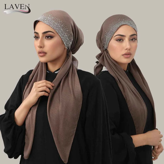 Fashion Diamond Cotton Elastic Headband Cap For Woman Muslim Hijab Hat Lady Fashion Instant Scarf Islamic Turban
