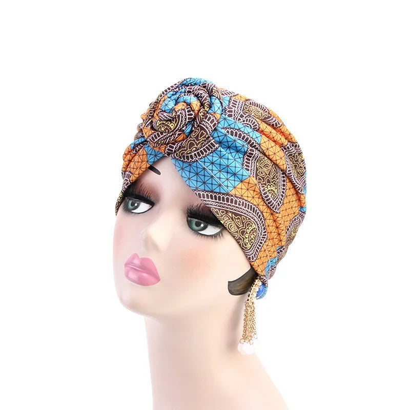 New African Print Pleated Turban Floral Beanie Knot Flower India Head Wrap Elegant Women Chemo Cap Bandana Headwear Head Cover - NamafadStore