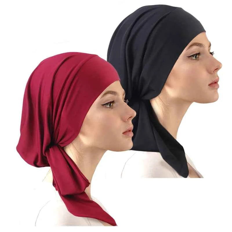 2PCS Pre-Tie Muslim Turban – Elastic Ribbon Head Scarf & Fashion Beanie for Women