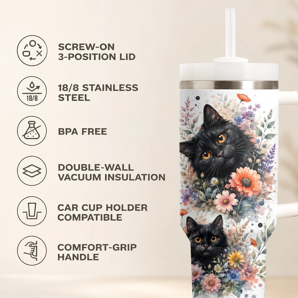 Cat & Floral 40oz Tumbler – Cute Stainless Steel Insulated Cup with Straw