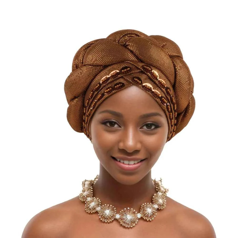 2025 Latest African Auto Gele Headtie Already Made Headties Shinning Turban Cap for Women Ready Nigerian Hijab Braid Head Wraps