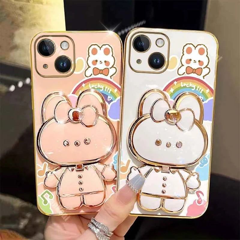 13 14 Lucky Rabbit Holder Bracelet Plating Phone Case For iPhone 13 14 12 15 Pro Max Mini 15 14 Plus XS XSMax XR X Cover