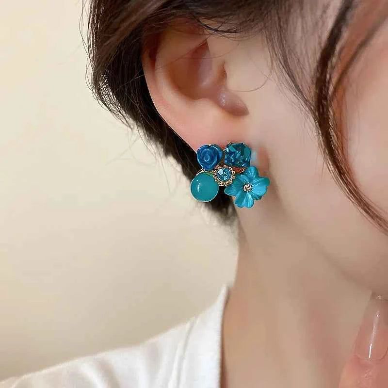 Yellow Purple Green Blue Flower Stud Earrings for Women Korean Fashion Acrylic Rhinestones Crystal Party Ear Jewelry Girls Gift
