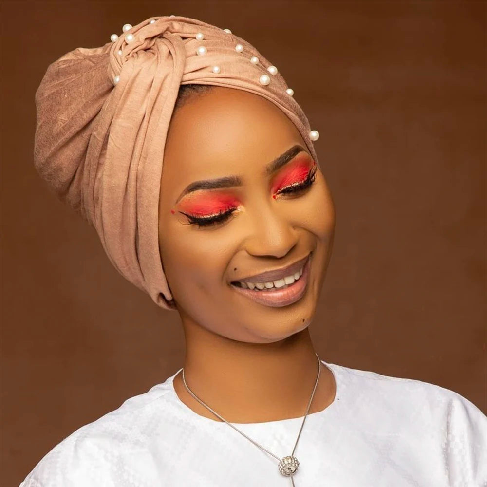 2024 Suede Twisted Turban Cap for Women Beading Head Wraps Bonnet Muslim Headscarf Hat Lady Wrap Head Scarf - NamafadStore