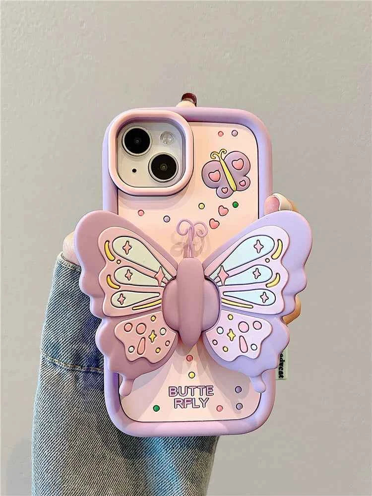 Ins Fashion Lovely Purple Butterfly Holder Stand Case For iPhone 17 15 14 13 16 Pro Max Soft Silicone Phone Cover