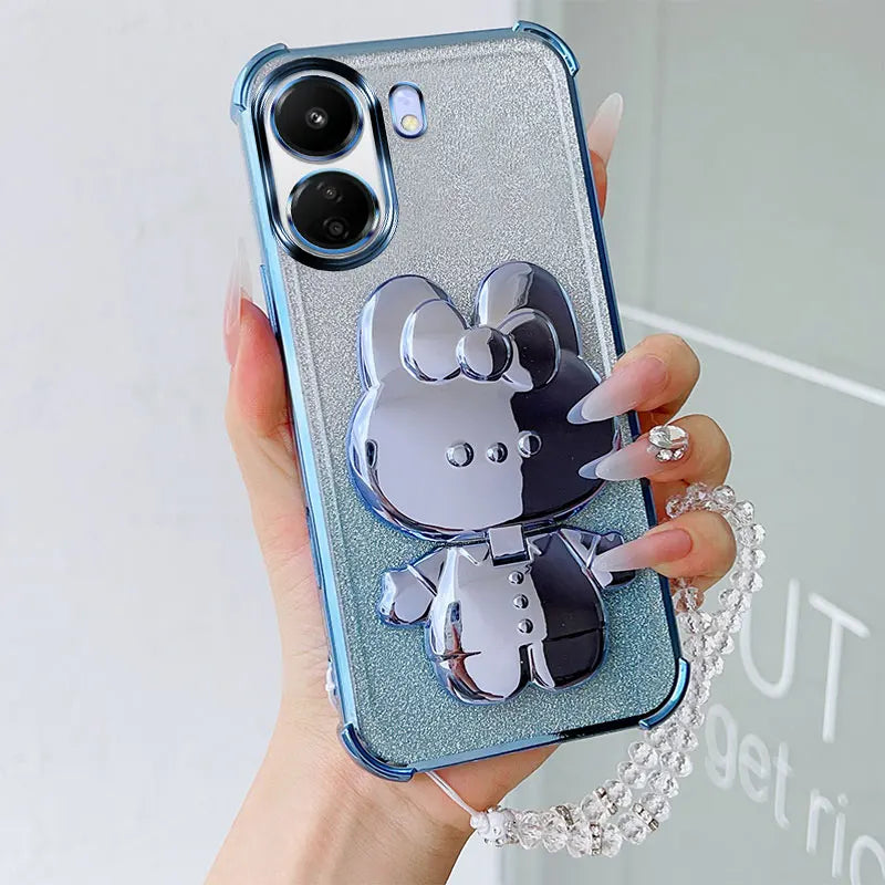 Luxury Shockproof Phone Case with Cute Rabbit Makeup Swivel Stand Crystal Lanyard For Xiaomi Redmi 13C 4G Poco C65 Back Cover